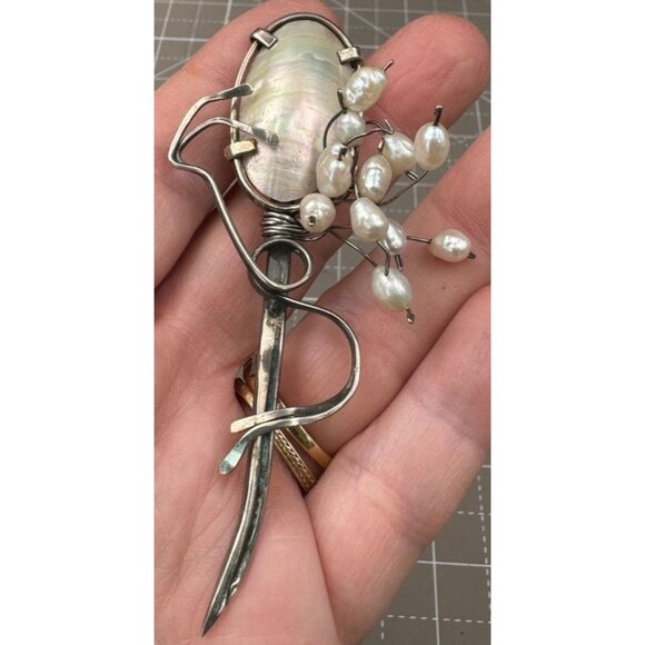 Vintage Sterling Silver Modernistic Brooch Mother Of Pearl Freshwater Pearls - Picture 3 of 5